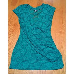 Vanity Essentials Vintage Women's Lace Sheer Short Sleeve Teal Size Medium